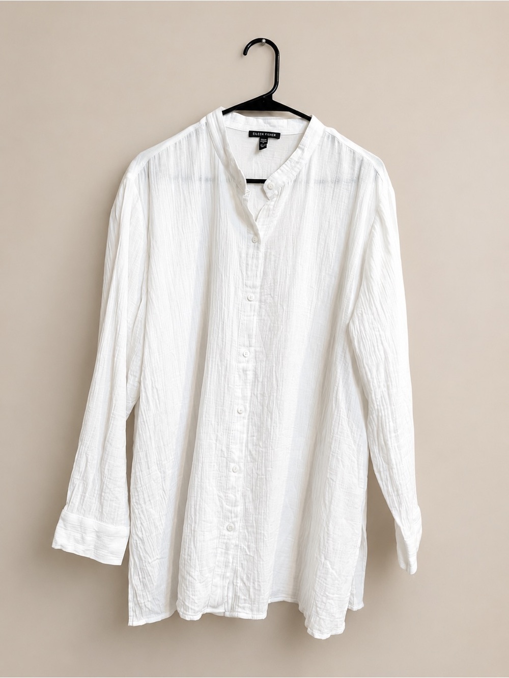 Eileen Fisher Organic Cotton White Crinkled Button Front Tunic Shirt XL